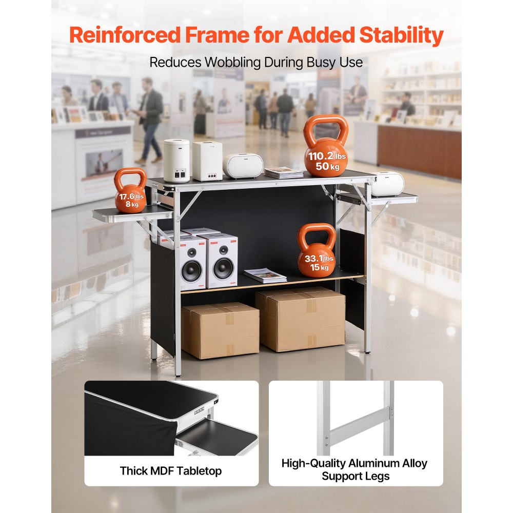 VEVOR Folding Portable Bar Table, 43.3 x 15.4 x 34.6 in, with Carry Bag, Storage Shelf, and Detachable Skirt, Quick and Easy Setup, Foldable Mobile Bartending Station for Events, Party, Tradeshow