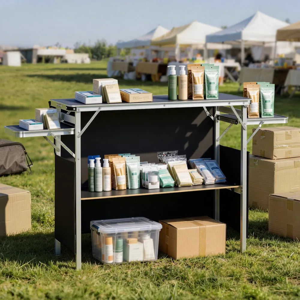 VEVOR Folding Portable Bar Table, 43.3 x 15.4 x 34.6 in, with Carry Bag, Storage Shelf, and Detachable Skirt, Quick and Easy Setup, Foldable Mobile Bartending Station for Events, Party, Tradeshow