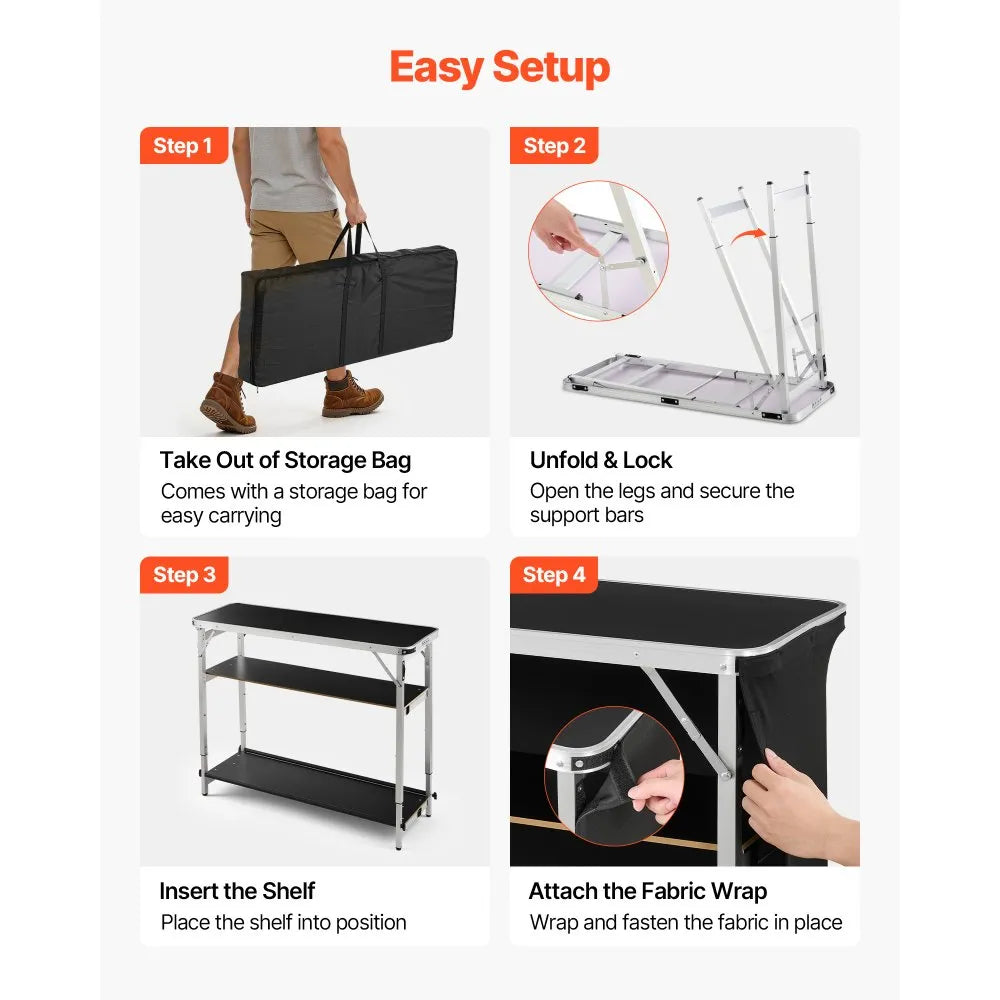 VEVOR Folding Portable Bar Table, 43.5 x 15.4 x 39.8 in, with Carry Bag, 2 Storage Shelves, and Detachable Skirt, Quick and Easy Setup, Foldable Mobile Bartending Station for Events, Party, Tradeshow