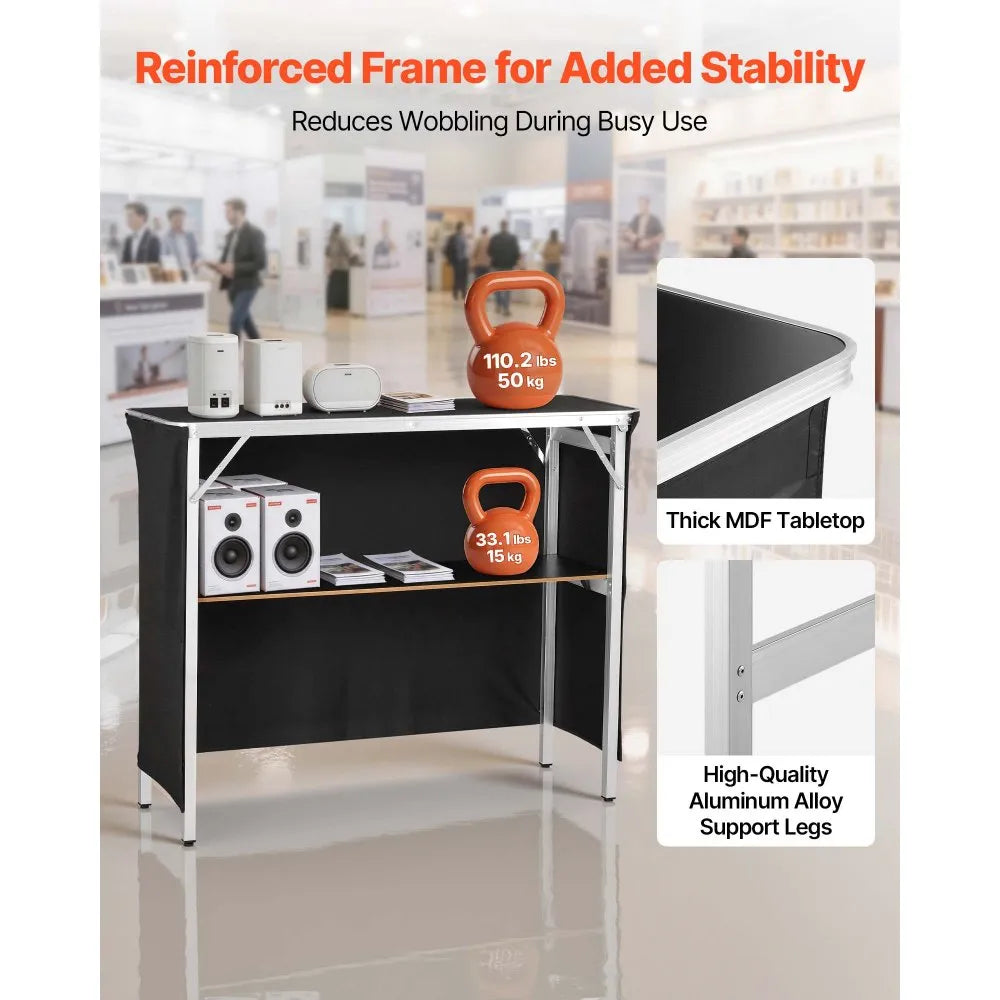VEVOR Folding Portable Bar Table, 43.3 x 15.2 x 34.8 in, with Carry Bag, Storage Shelf, and Detachable Skirt, Quick and Easy Setup, Foldable Mobile Bartending Station for Events, Party, Tradeshow