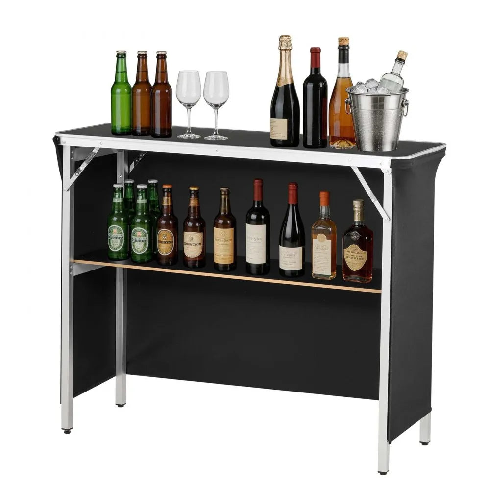 VEVOR Folding Portable Bar Table, 43.3 x 15.2 x 34.8 in, with Carry Bag, Storage Shelf, and Detachable Skirt, Quick and Easy Setup, Foldable Mobile Bartending Station for Events, Party, Tradeshow