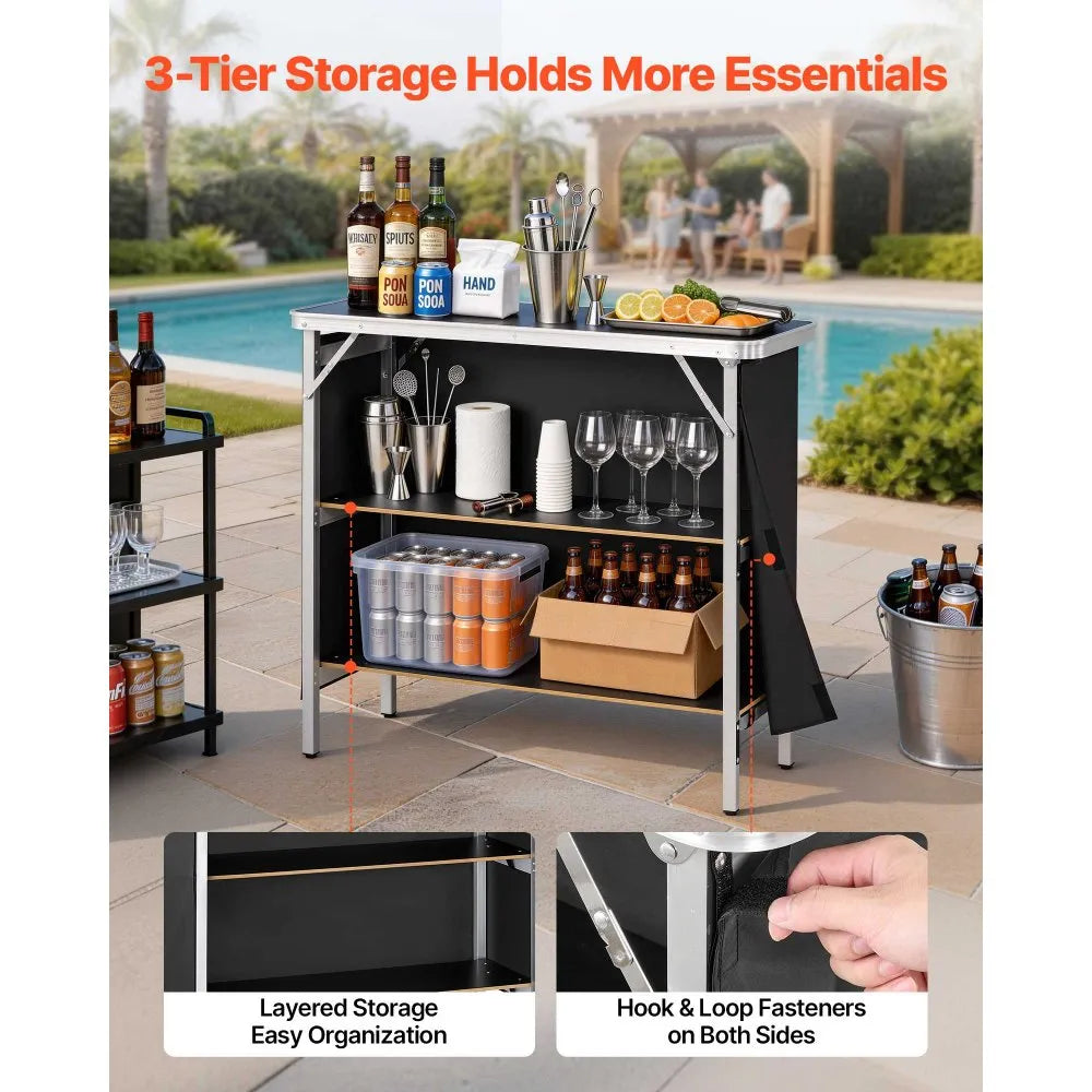 VEVOR Folding Portable Bar Table, 38.6 x 15.2 x 34.3 in, with Carry Bag, Storage Shelf, and Detachable Skirt, Quick and Easy Setup, Foldable Mobile Bartending Station for Events, Party, Tradeshow