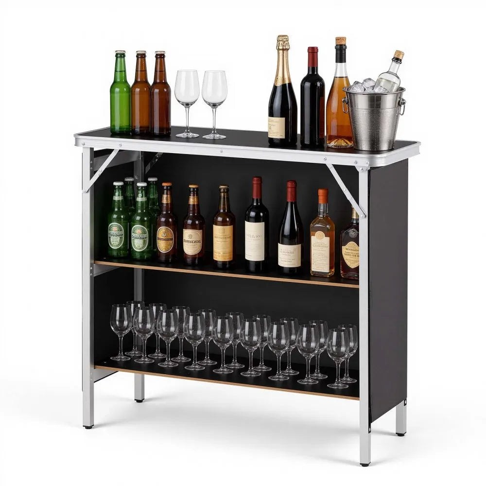 VEVOR Folding Portable Bar Table, 38.6 x 15.2 x 34.3 in, with Carry Bag, Storage Shelf, and Detachable Skirt, Quick and Easy Setup, Foldable Mobile Bartending Station for Events, Party, Tradeshow