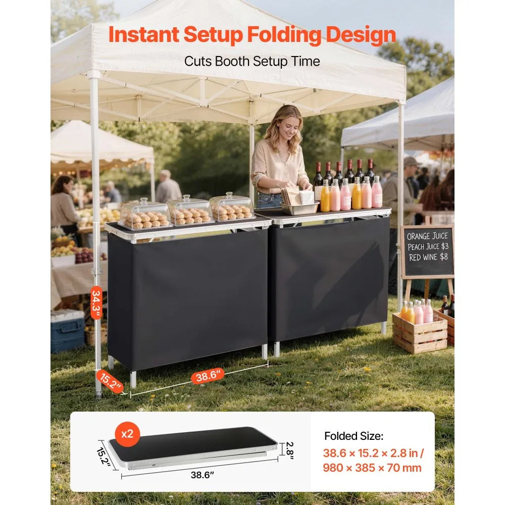VEVOR Folding Portable Bar Table, 2 pcs, 38.6 x 15.2 x 34.3 in, with Carry Bag, Storage Shelf, Detachable Skirt, Quick and Easy Setup, Foldable Mobile Bartending Station for Events, Party, Tradeshow