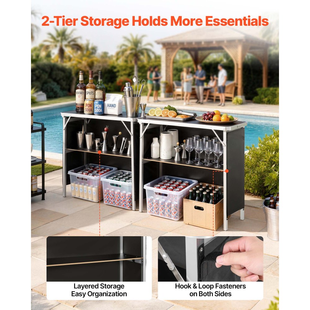 VEVOR Folding Portable Bar Table, 2 pcs, 38.6 x 15.2 x 34.3 in, with Carry Bag, Storage Shelf, Detachable Skirt, Quick and Easy Setup, Foldable Mobile Bartending Station for Events, Party, Tradeshow