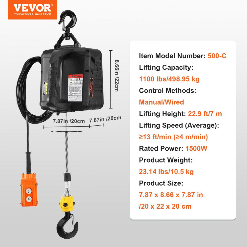 VEVOR 2-in-1 1100 lbs Electric Hoist Winch, 1500W Portable Power Winch Crane, 22.9 ft Lifting Height, 13 ft/min with Wired Remote Control, for Garage, Warehouse, Factory Lifting Towing