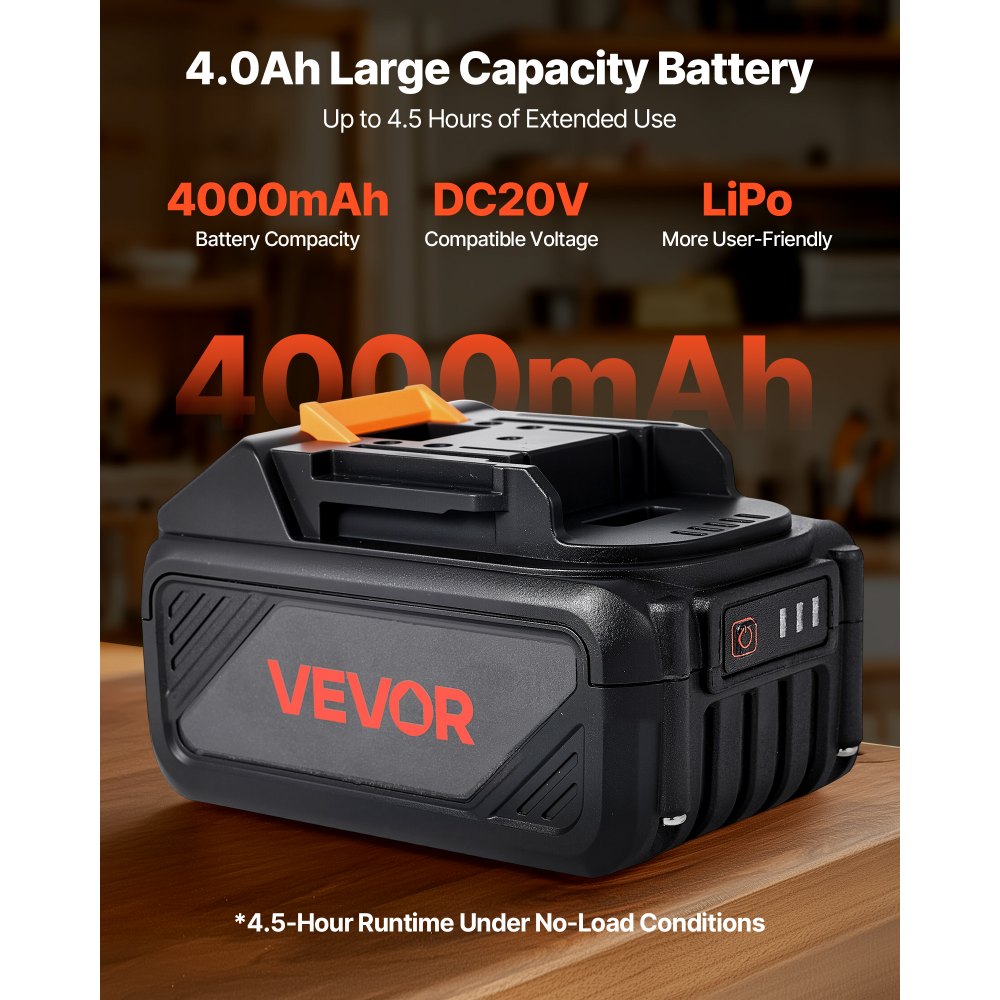 VEVOR 20V MAX, Portable Battery and Charger Combo, AC 110V, 4.0 Ah Lithium-Ion Battery Pack, 4000 mAh Large Capacity, Extended Runtime, Compatible with Series Tools, for Replacement and Fast Charging
