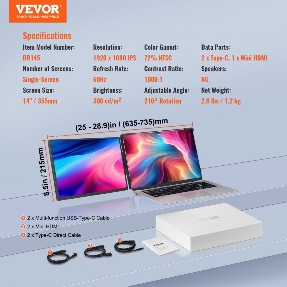 VEVOR Portable Laptop Screen Extender, 14" FHD 1080P IPS Dual Extended Monitor for 13"-17" Laptop, Swivel Portable Monitor USB-C/USB-A/Mini HDMI Port, Compatible with Mac/Wins/Android/Switch/PS5