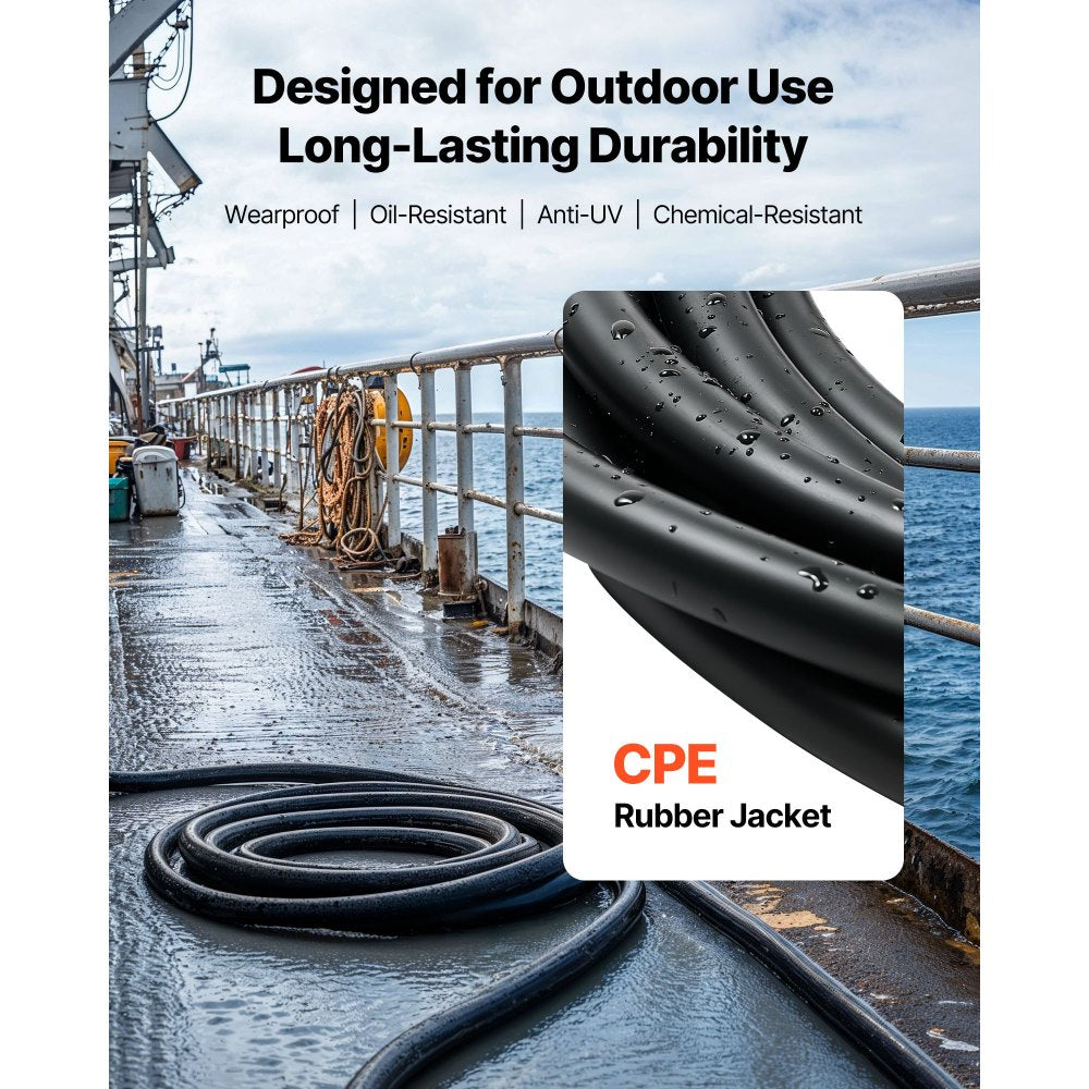 VEVOR 25 FT 6AWG Portable Power Cable (4 Conductor), Heavy Duty 600V SOOW Electrical Power Cable, Industrial Grade Electric Wire, Premium CPE Rubber Jacket, Copper Extension Cord for Welder Machine