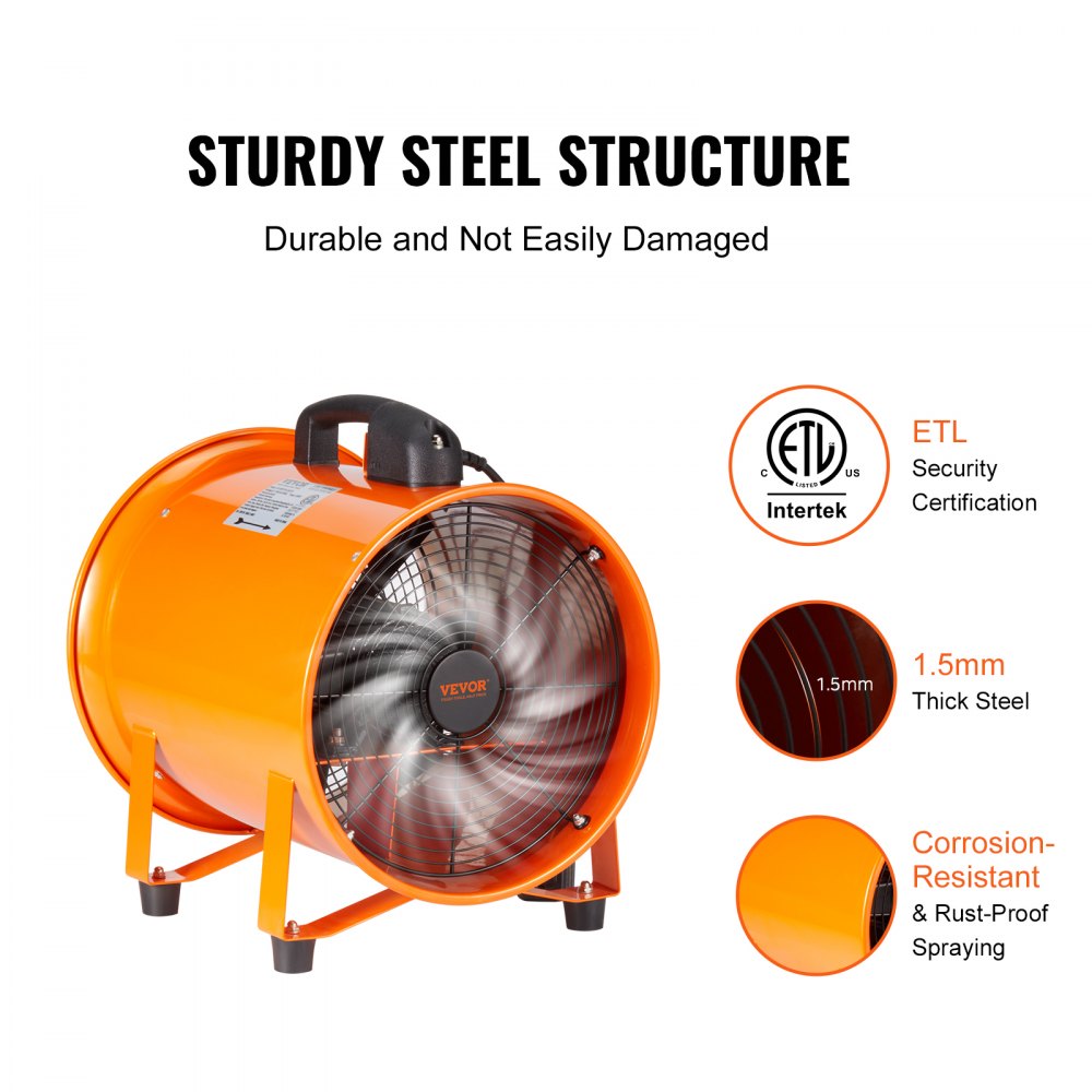 VEVOR Portable Ventilator, 10 inch Heavy Duty Cylinder Fan with 16.4ft Duct Hose, 380W Strong Shop Exhaust Blower 1893FM, Industrial Utility Blower for Sucking Dust, Smoke, Smoke Home/Workplace