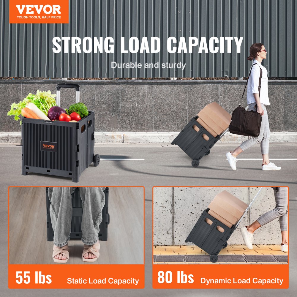 VEVOR Foldable Utility Cart, 80 lbs Load Capacity, Folding Portable Rolling Crate Handcart with Durable Heavy Duty Telescoping Handle and 2 Wheels for Travel Shopping Moving Luggage Office Use, Black