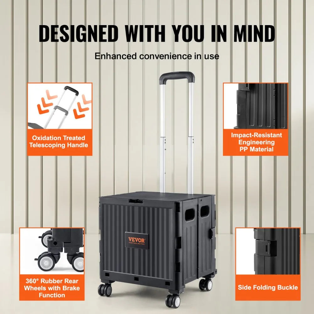 VEVOR Foldable Utility Cart, 110 lbs Load Capacity, Folding Portable Rolling Crate Handcart with Heavy Duty Telescoping Handle and 4 Rotate Wheels for Travel Shopping Moving Luggage Office Use, Black