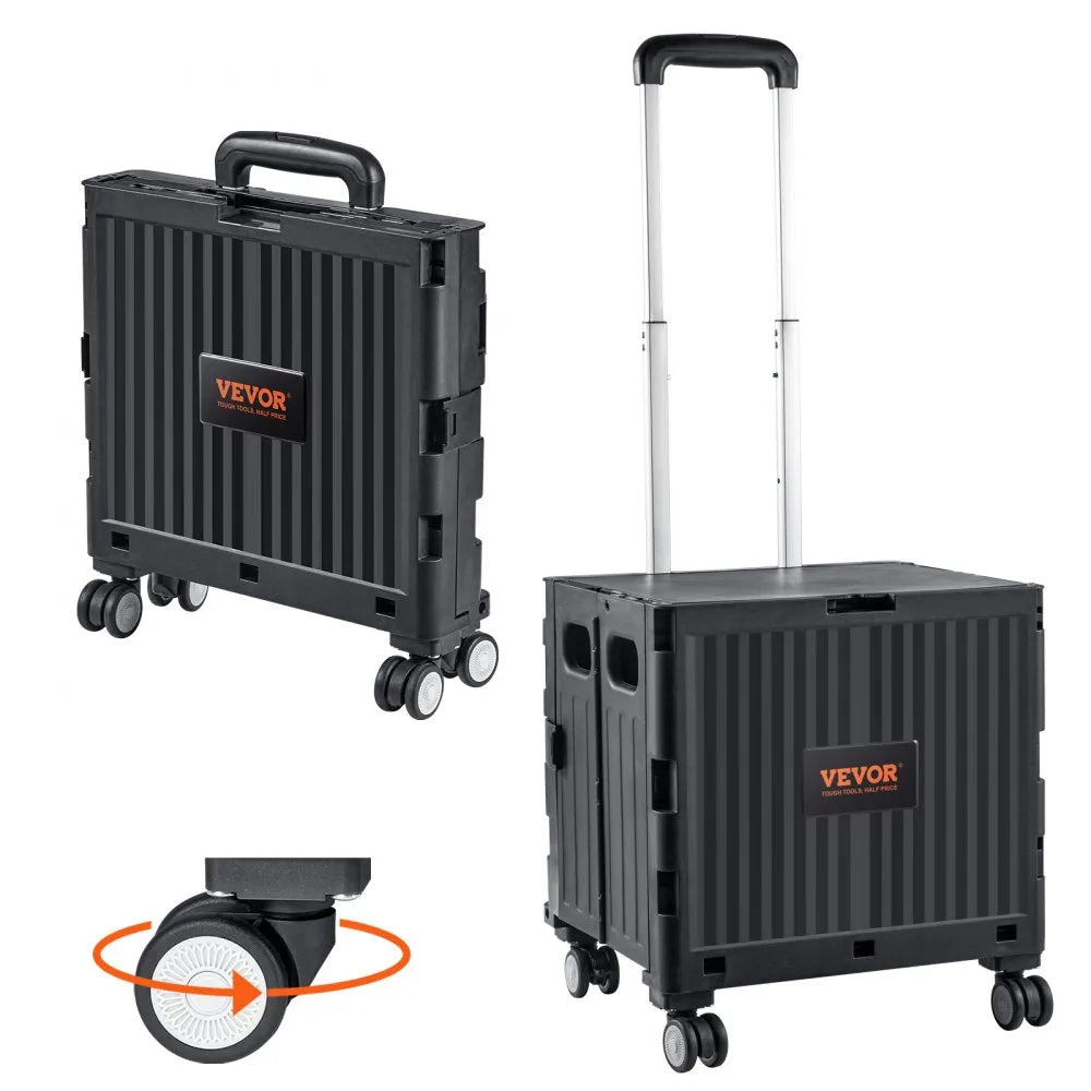 VEVOR Foldable Utility Cart, 110 lbs Load Capacity, Folding Portable Rolling Crate Handcart with Heavy Duty Telescoping Handle and 4 Rotate Wheels for Travel Shopping Moving Luggage Office Use, Black
