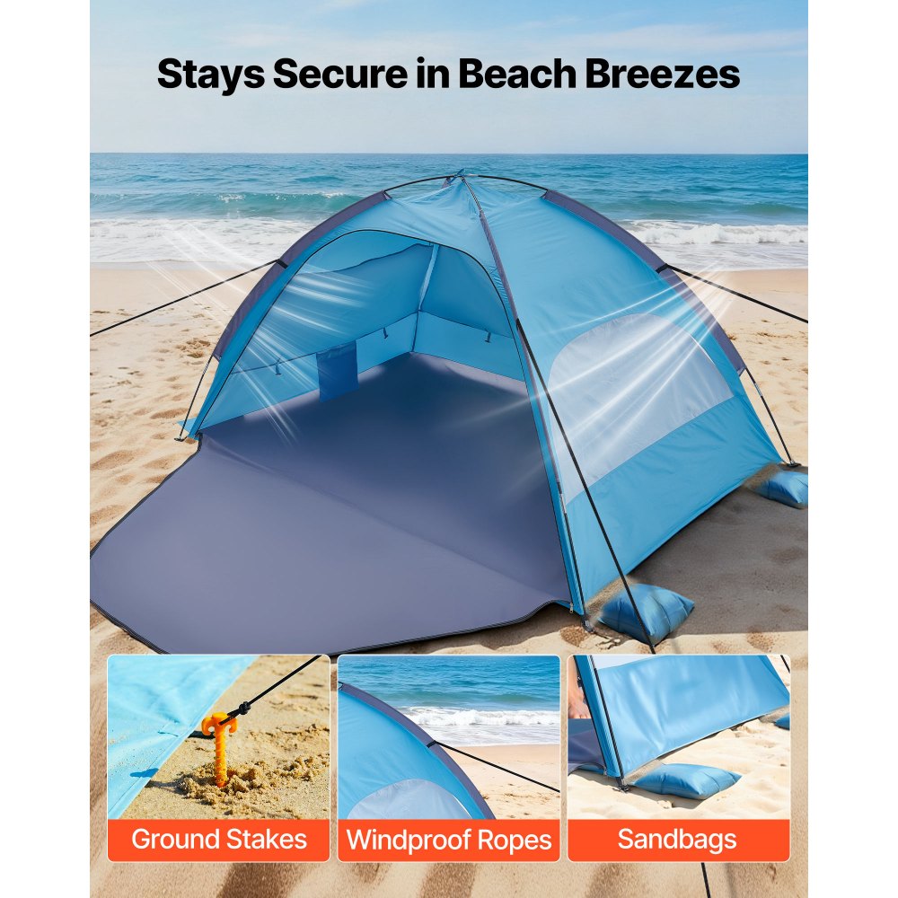 VEVOR Beach Tent Sun Shelter for 4 Person, UPF 50+ Protection, Portable Sun Shade Canopy with Carrying Bag & Sand Pockets, Lightweight and Easy Setup Beach Umbrella for Camping Fishing Outdoor Picnic