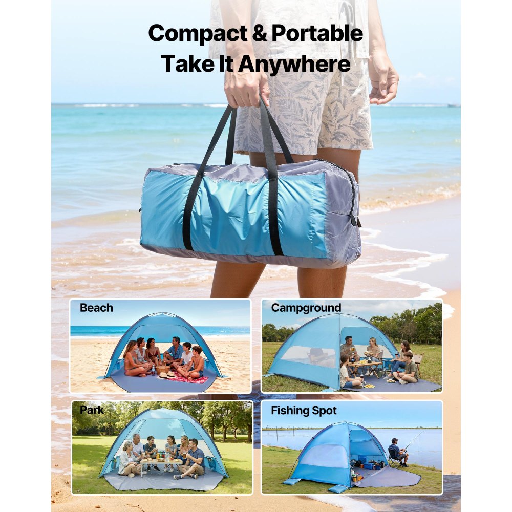 VEVOR Beach Tent Sun Shelter for 6 Person, UPF 50+ Protection, Portable Sun Shade Canopy with Carrying Bag & Sand Pockets, Lightweight and Easy Setup Beach Umbrella for Camping Fishing Outdoor Picnic