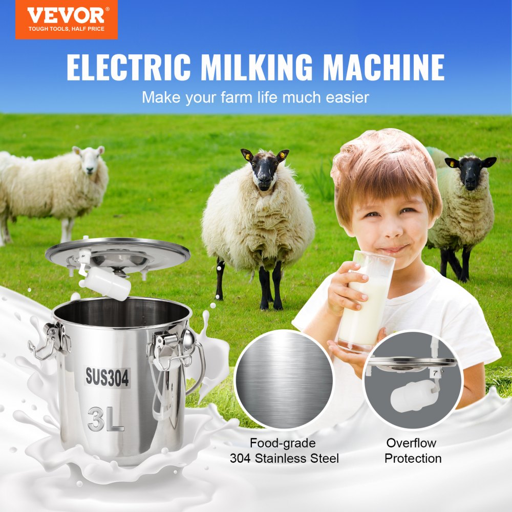 VEVOR Goat Milking Machine, 3 L 304 Stainless Steel Bucket, Electric Automatic Pulsation Vacuum Milker, Portable Milker with Food-grade Silicone Cups and Tubes, Suction for Sheep