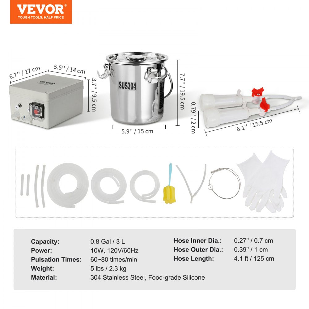 VEVOR Goat Milking Machine, 3 L 304 Stainless Steel Bucket, Electric Automatic Pulsation Vacuum Milker, Portable Milker with Food-grade Silicone Cups and Tubes, Suction for Sheep