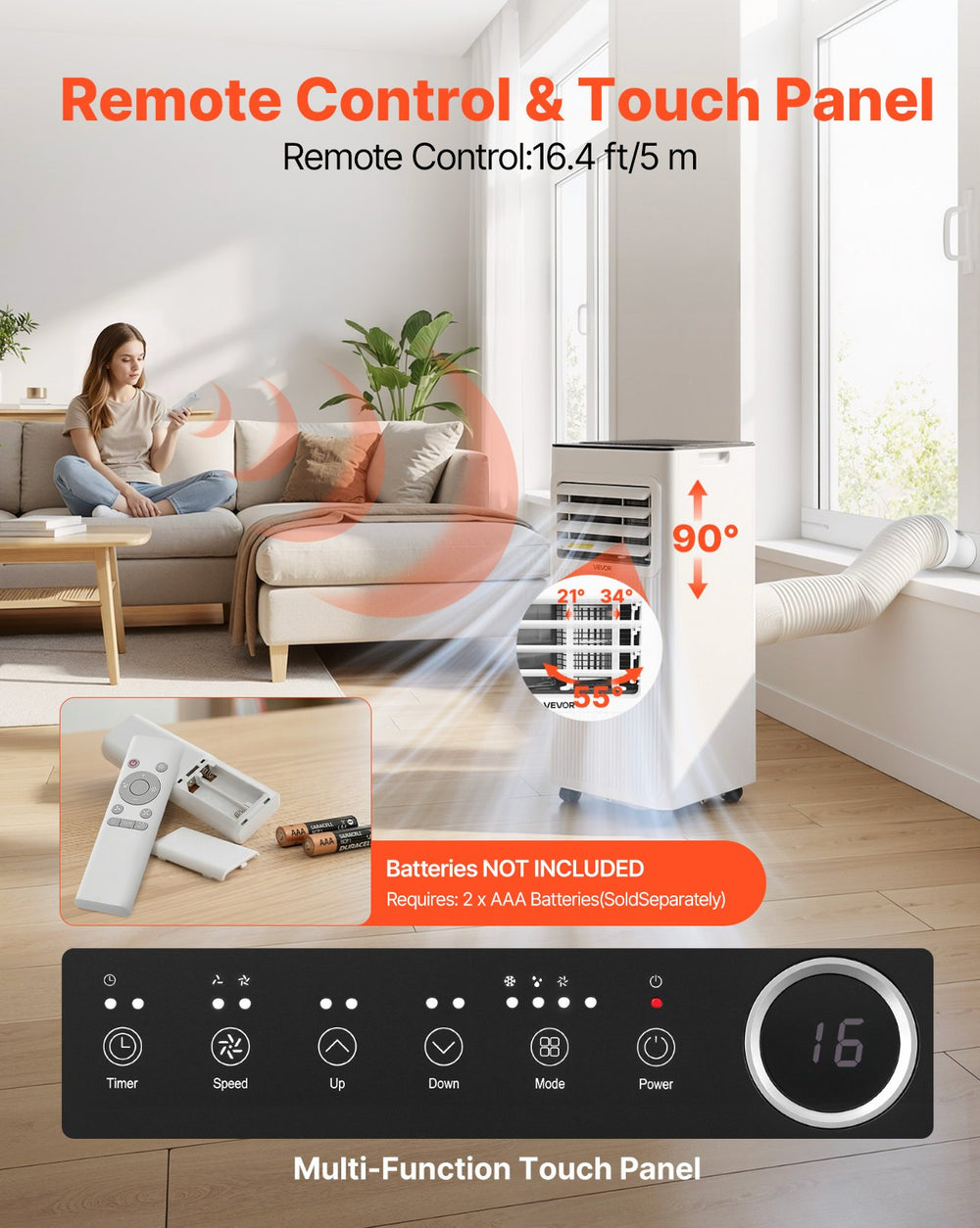 Remote control and LED touch panel control with airflow adjustment illustration