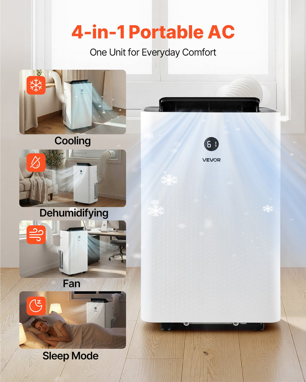 4-in-1 portable AC modes: cooling, dehumidifying, fan, sleep