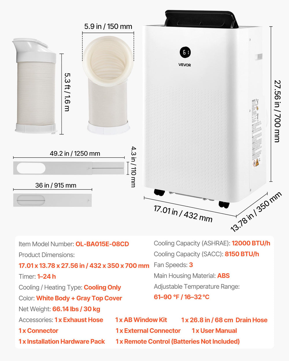 Portable AC dimensions and included accessories overview