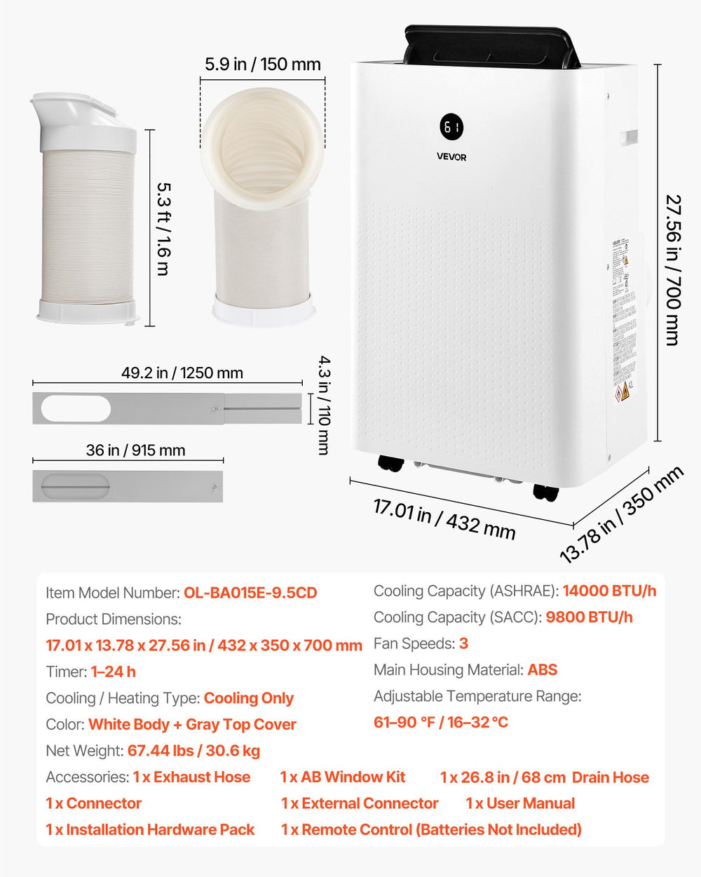VEVOR portable air conditioner dimensions and included accessories overview