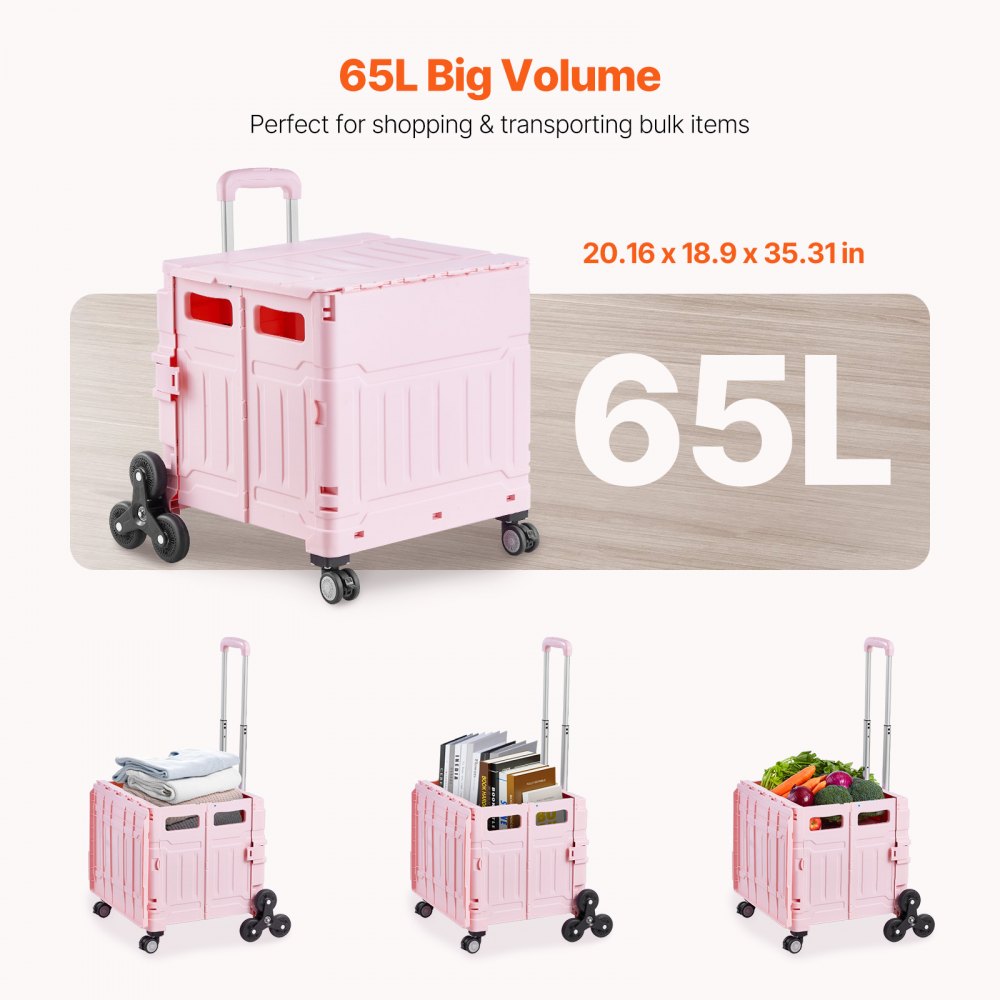 VEVOR Foldable Utility Cart, 65L Collapsible Portable Crate Rolling Cart with Stair Climbing Wheels & 360° Swivel Wheels, Hand Cart with Telescoping Handle for Shopping Office Moving Teacher, Pink