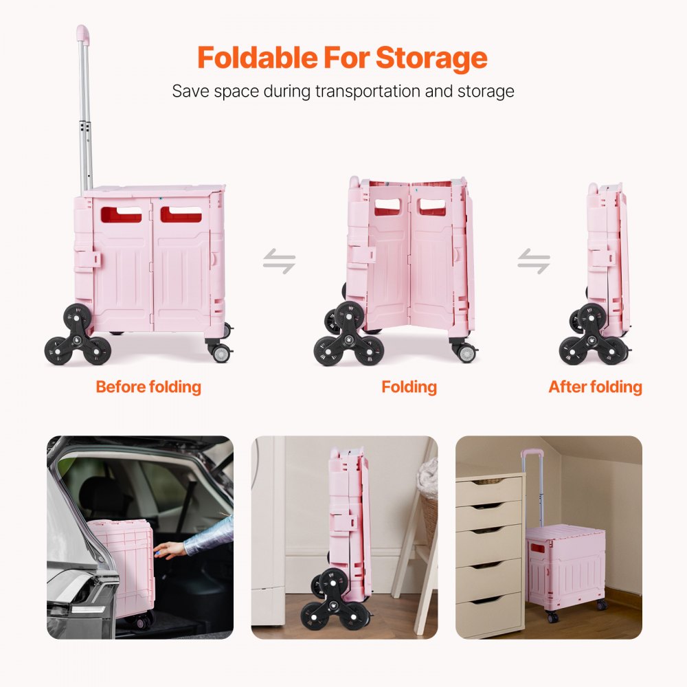 VEVOR Foldable Utility Cart, 65L Collapsible Portable Crate Rolling Cart with Stair Climbing Wheels & 360° Swivel Wheels, Hand Cart with Telescoping Handle for Shopping Office Moving Teacher, Pink
