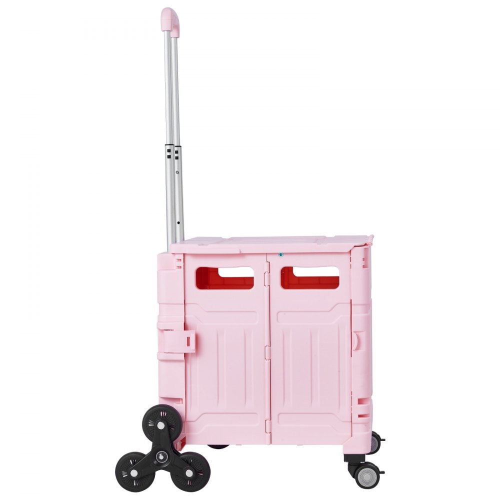 VEVOR Foldable Utility Cart, 65L Collapsible Portable Crate Rolling Cart with Stair Climbing Wheels & 360° Swivel Wheels, Hand Cart with Telescoping Handle for Shopping Office Moving Teacher, Pink
