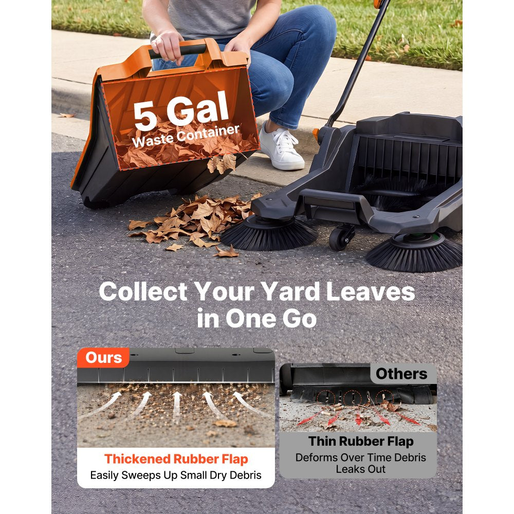 VEVOR Walk-Behind Hand Push Floor Sweeper, Manual Floor Sweeper Non-Electric with 25.6" Sweeping Width, 5 Gallons Waste Container & Adjustable Folding Handle for Yards Walkways Patios Garages - Orange