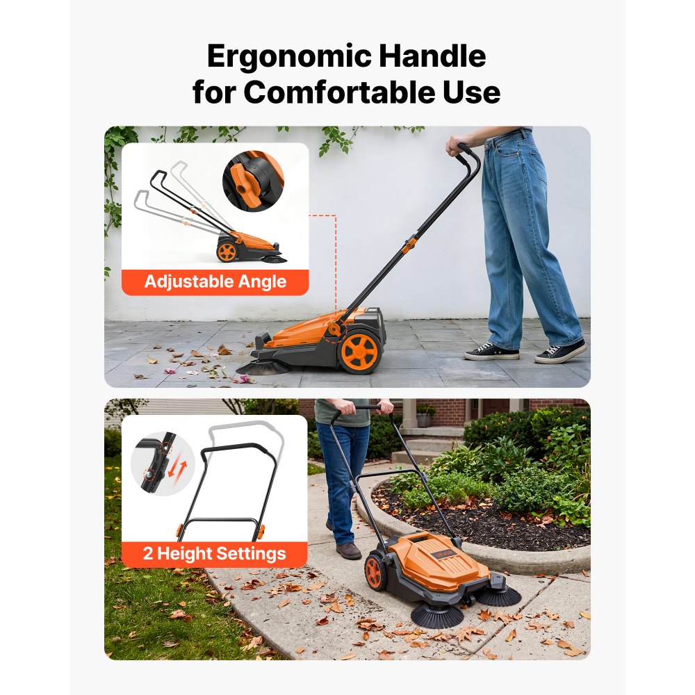 VEVOR Walk-Behind Hand Push Floor Sweeper, Manual Floor Sweeper Non-Electric with 25.6" Sweeping Width, 5 Gallons Waste Container & Adjustable Folding Handle for Yards Walkways Patios Garages - Orange