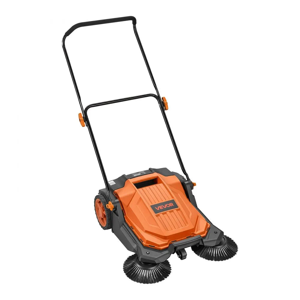 VEVOR Walk-Behind Hand Push Floor Sweeper, Manual Floor Sweeper Non-Electric with 25.6" Sweeping Width, 5 Gallons Waste Container & Adjustable Folding Handle for Yards Walkways Patios Garages - Orange