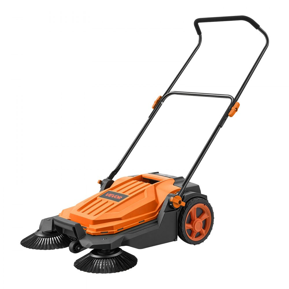 VEVOR Walk-Behind Hand Push Floor Sweeper, Manual Floor Sweeper Non-Electric with 25.6" Sweeping Width, 5 Gallons Waste Container & Adjustable Folding Handle for Yards Walkways Patios Garages - Orange