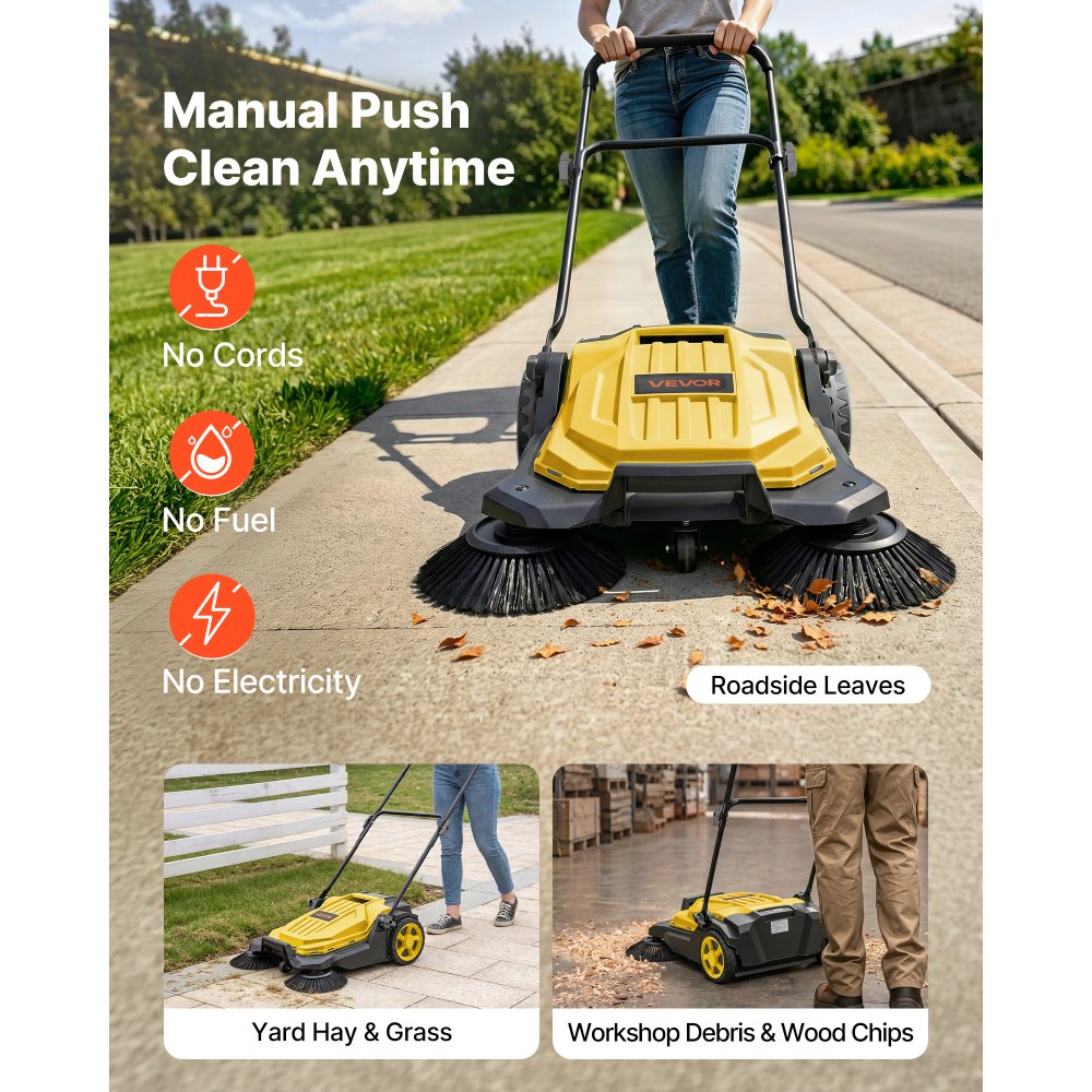 VEVOR Walk-Behind Hand Push Floor Sweeper, Manual Floor Sweeper Non-Electric with 25.6" Sweeping Width, 5 Gallons Waste Container & Adjustable Folding Handle for Yards Walkways Patios Garages - Yellow