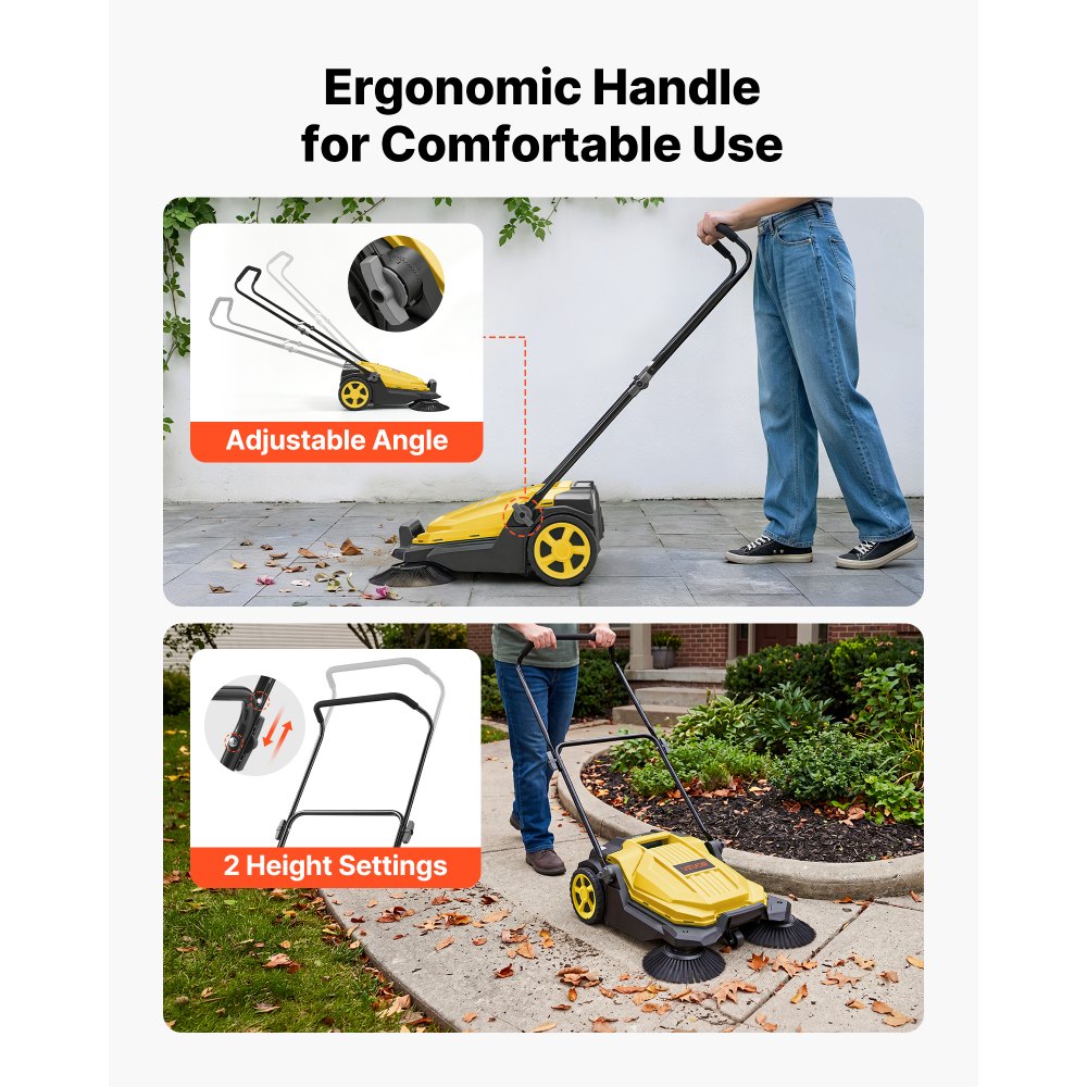 VEVOR Walk-Behind Hand Push Floor Sweeper, Manual Floor Sweeper Non-Electric with 25.6" Sweeping Width, 5 Gallons Waste Container & Adjustable Folding Handle for Yards Walkways Patios Garages - Yellow