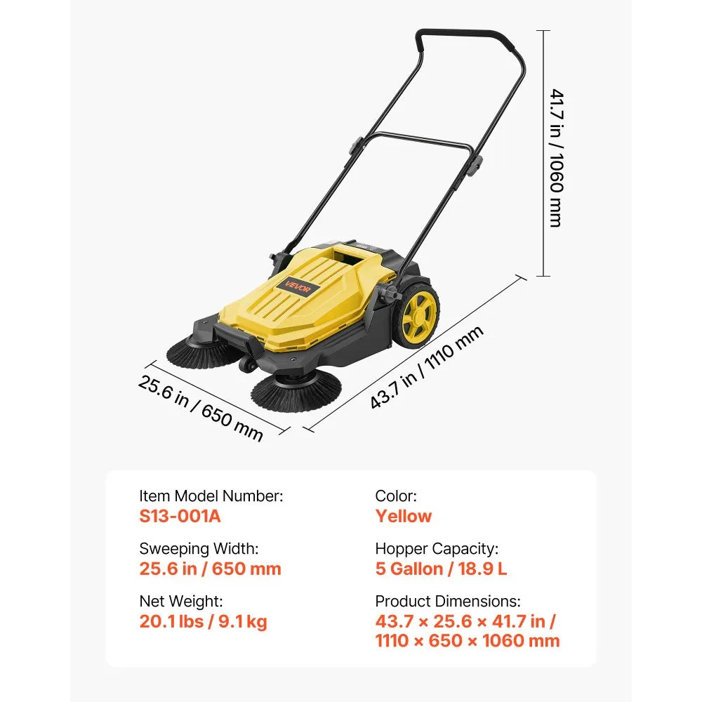 VEVOR Walk-Behind Hand Push Floor Sweeper, Manual Floor Sweeper Non-Electric with 25.6" Sweeping Width, 5 Gallons Waste Container & Adjustable Folding Handle for Yards Walkways Patios Garages - Yellow