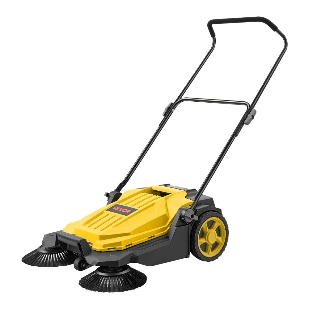 VEVOR Walk-Behind Hand Push Floor Sweeper, Manual Floor Sweeper Non-Electric with 25.6" Sweeping Width, 5 Gallons Waste Container & Adjustable Folding Handle for Yards Walkways Patios Garages - Yellow
