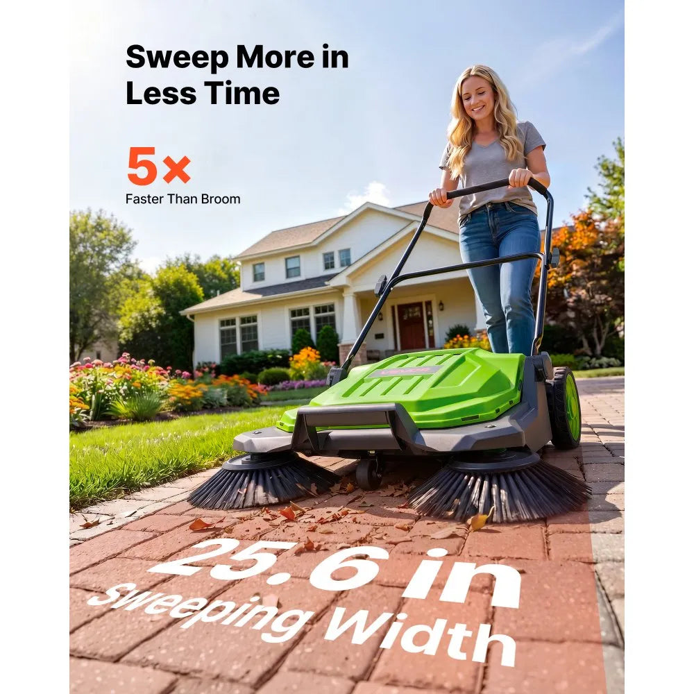 VEVOR Walk-Behind Hand Push Floor Sweeper, Manual Floor Sweeper Non-Electric with 25.6" Sweeping Width, 5 Gallons Waste Container & Adjustable Folding Handle for Yards Walkways Patios Garages - Green