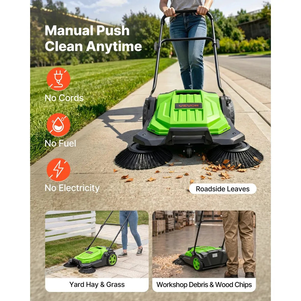 VEVOR Walk-Behind Hand Push Floor Sweeper, Manual Floor Sweeper Non-Electric with 25.6" Sweeping Width, 5 Gallons Waste Container & Adjustable Folding Handle for Yards Walkways Patios Garages - Green