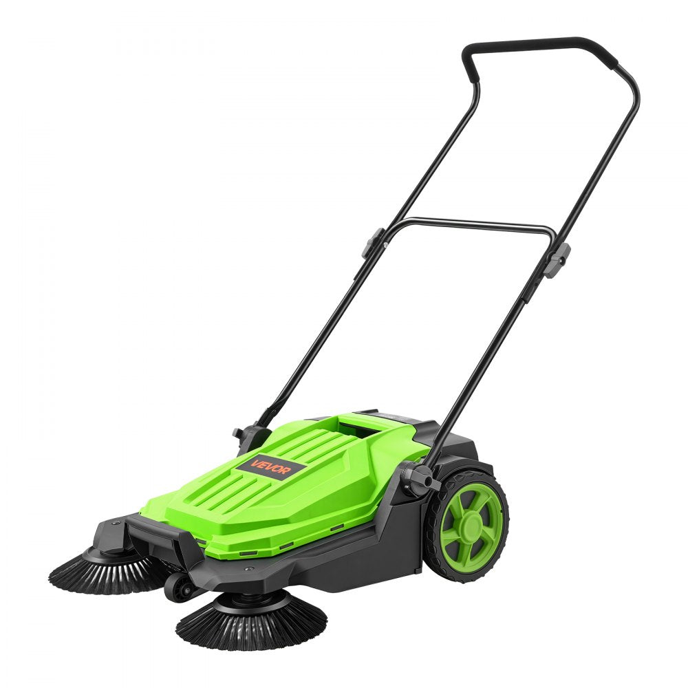 VEVOR Walk-Behind Hand Push Floor Sweeper, Manual Floor Sweeper Non-Electric with 25.6" Sweeping Width, 5 Gallons Waste Container & Adjustable Folding Handle for Yards Walkways Patios Garages - Green