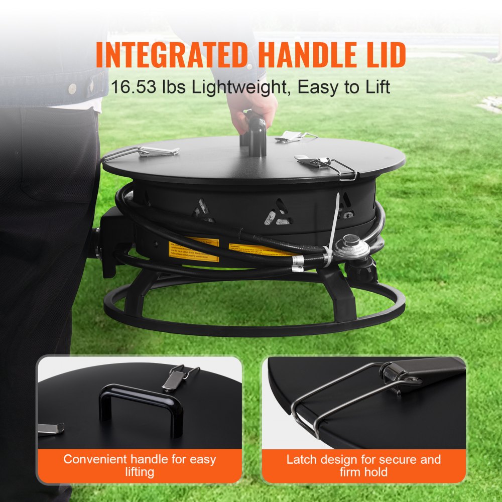 VEVOR Propane Fire Pit, 19-Inch Diameter Outdoor Portable Gas Fire Pit with Cover & Lava Rocks, Adjustable Flame Height Camping Firepit for Heating, Lighting, Gathering, 58,000 BTU, Black
