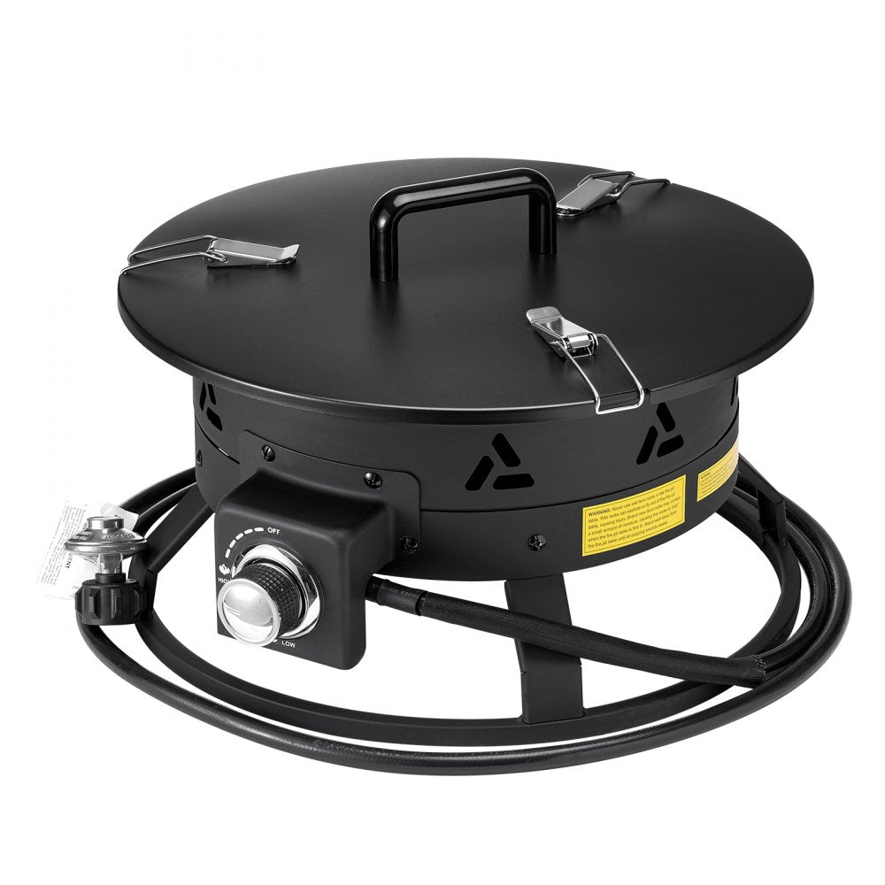 VEVOR Propane Fire Pit, 19-Inch Diameter Outdoor Portable Gas Fire Pit with Cover & Lava Rocks, Adjustable Flame Height Camping Firepit for Heating, Lighting, Gathering, 58,000 BTU, Black