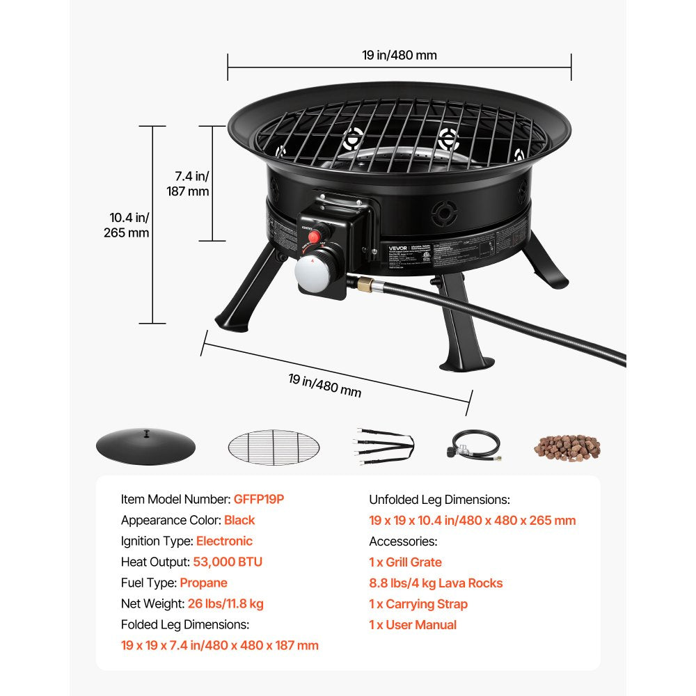 VEVOR Propane Fire Pit 19-Inch, 53,000 BTU Portable Gas Fire Pit, with Grill Grate & Lava Rocks, Adjustable Flame, Folding Legs,Smokeless Outdoor Firebowl for Camping, Patio, Backyard, Deck, RV, Black