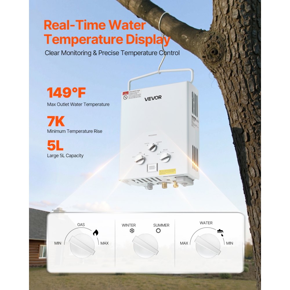 VEVOR Portable Propane Water Heater, 5L Tankless Outdoor Water Heater, 34000 BTU 1.32 GPM Instant Hot Water, with Accessory Set + Regulator for RV Camping Trips Cabins Barns