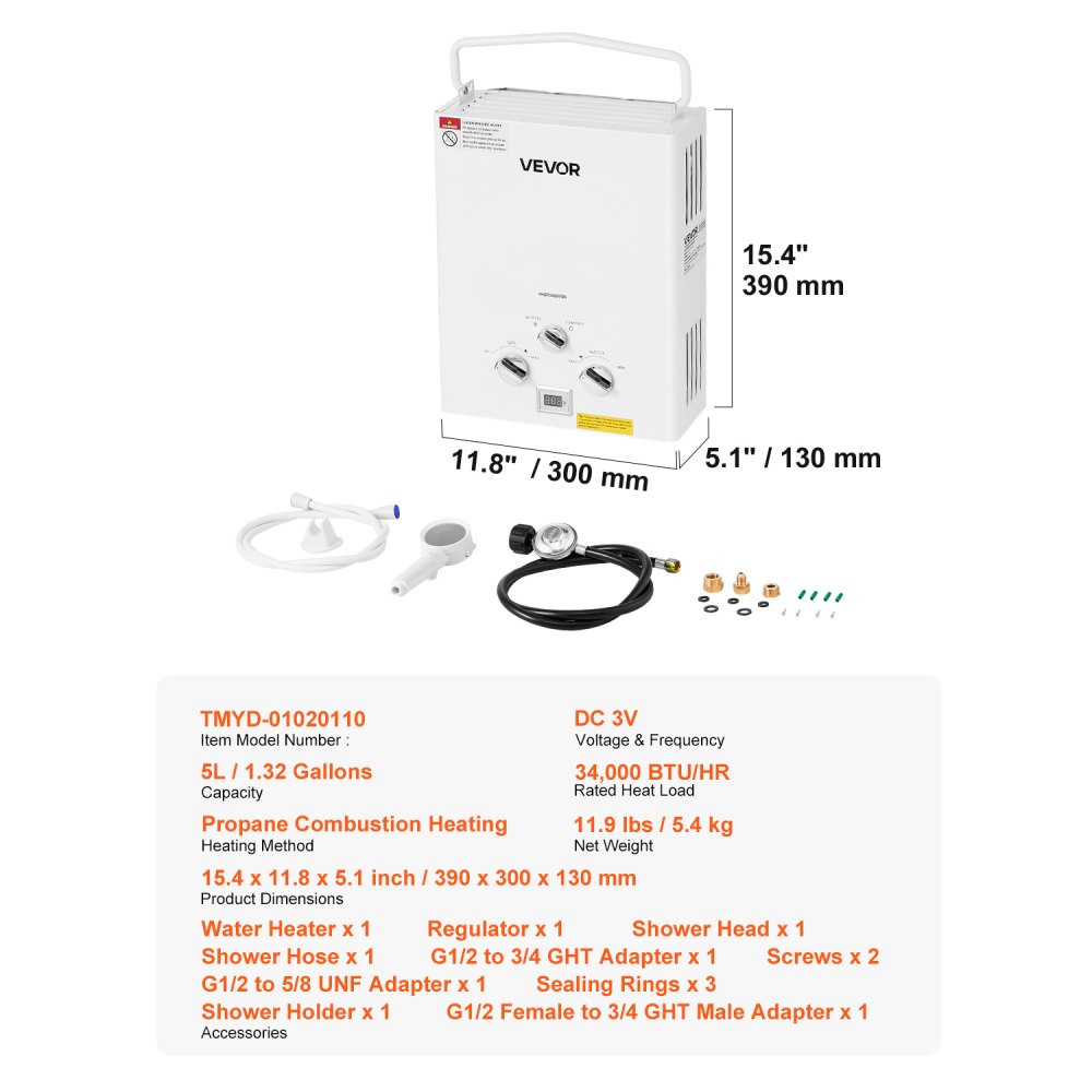 VEVOR Portable Propane Water Heater, 5L Tankless Outdoor Water Heater, 34000 BTU 1.32 GPM Instant Hot Water, with Accessory Set + Regulator for RV Camping Trips Cabins Barns