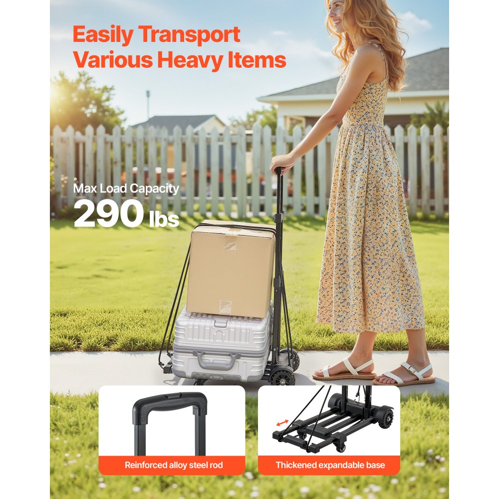 VEVOR Folding Hand Truck, 290 lbs Load Capacity, Collapsible Luggage Cart with 4 Wheels, 2 Elastic Ropes & Expandable Base, Utility Dolly Platform Cart for Airport Travel Luggage Office Moving, Black