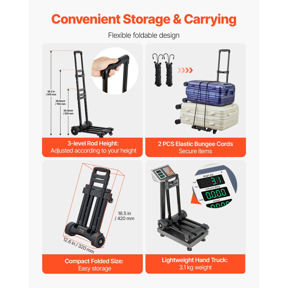 VEVOR Folding Hand Truck, 290 lbs Load Capacity, Collapsible Luggage Cart with 4 Wheels, 2 Elastic Ropes & Expandable Base, Utility Dolly Platform Cart for Airport Travel Luggage Office Moving, Black