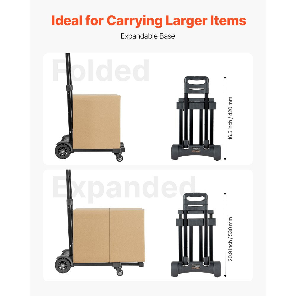 VEVOR Folding Hand Truck, 290 lbs Load Capacity, Collapsible Luggage Cart with 4 Wheels, 2 Elastic Ropes & Expandable Base, Utility Dolly Platform Cart for Airport Travel Luggage Office Moving, Black