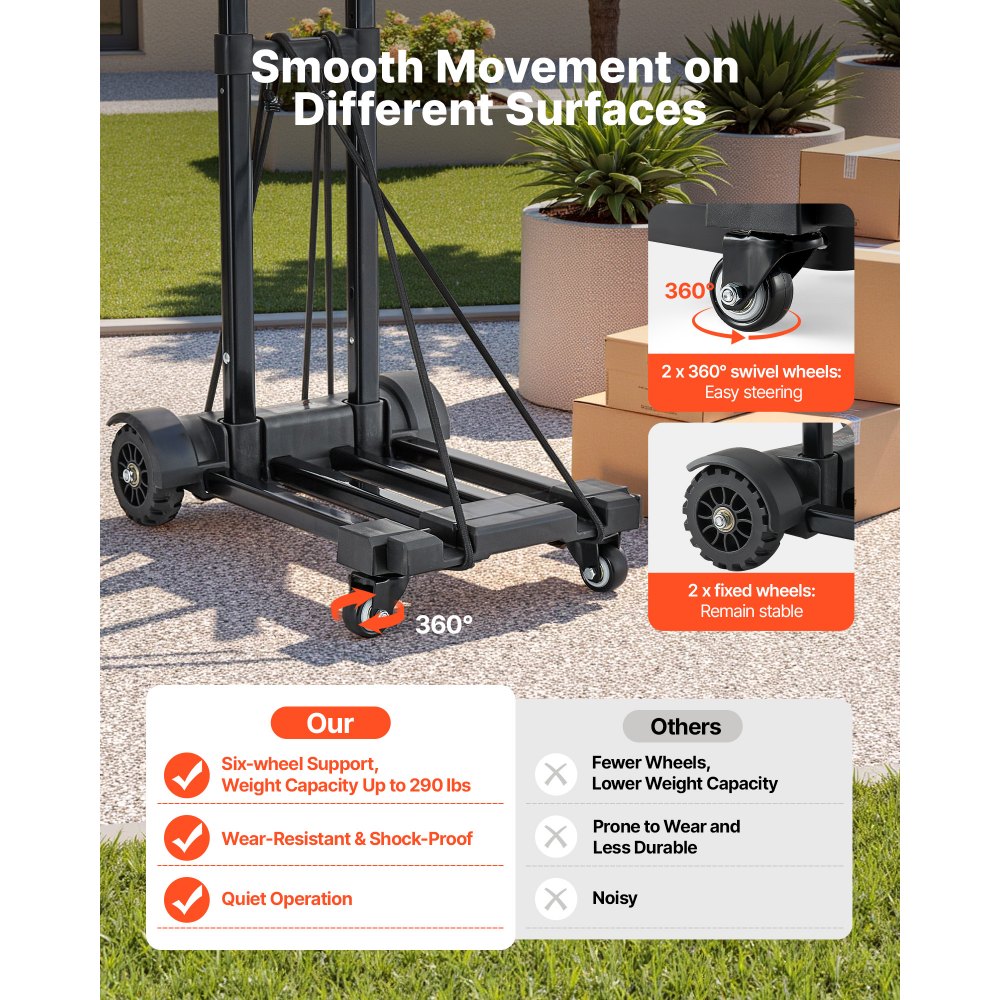 VEVOR Folding Hand Truck, 290 lbs Load Capacity, Collapsible Luggage Cart with 4 Wheels, 2 Elastic Ropes & Expandable Base, Utility Dolly Platform Cart for Airport Travel Luggage Office Moving, Black