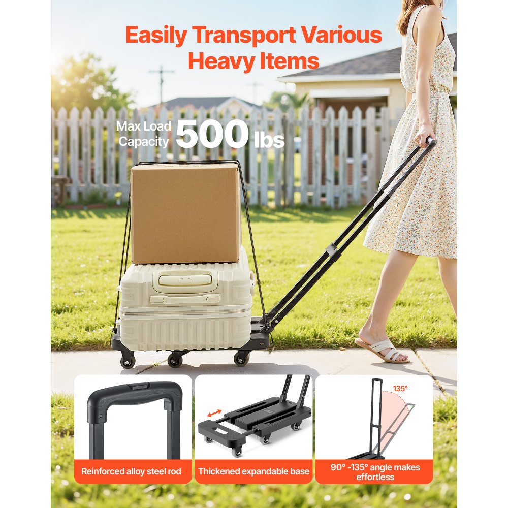 VEVOR Folding Hand Truck, 500 lbs Load Capacity, Collapsible Luggage Cart with 6 Wheels, 2 Elastic Ropes & Expandable Base, Utility Dolly Platform Cart for Airport Travel Luggage Office Moving, Black