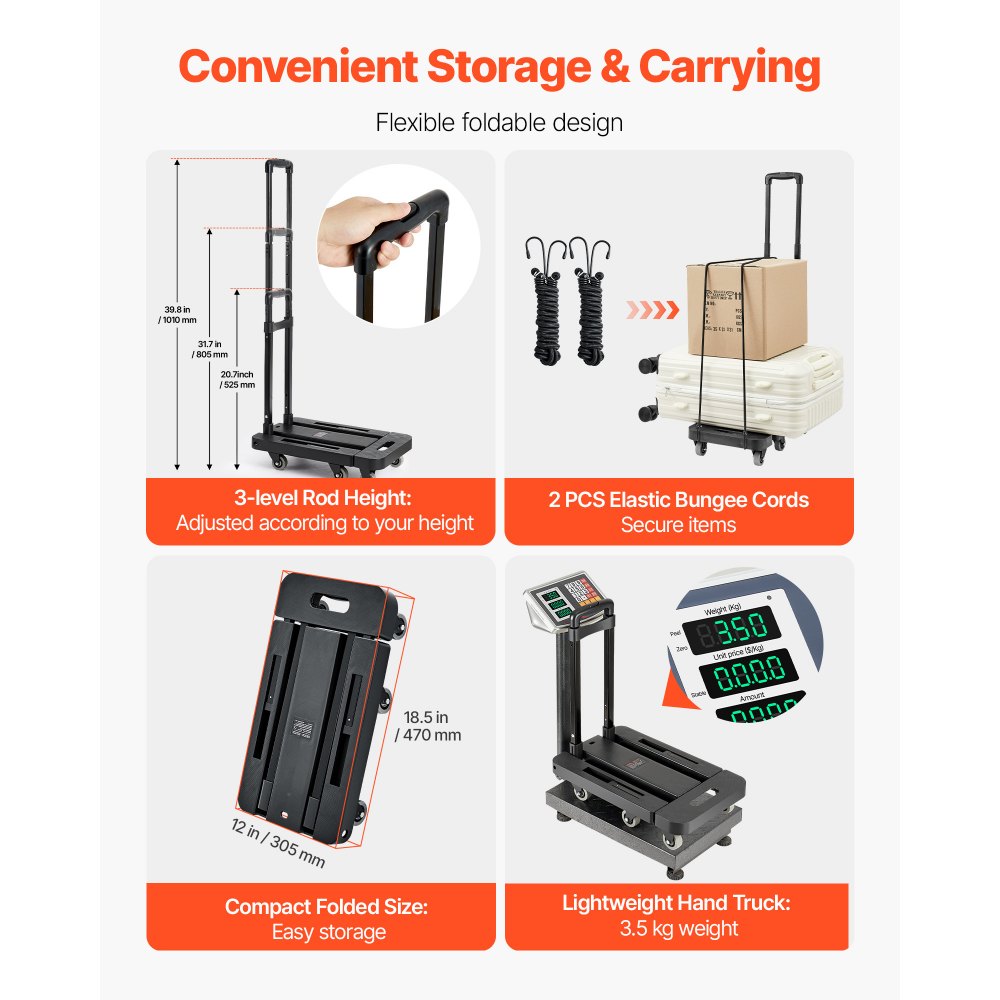 VEVOR Folding Hand Truck, 500 lbs Load Capacity, Collapsible Luggage Cart with 6 Wheels, 2 Elastic Ropes & Expandable Base, Utility Dolly Platform Cart for Airport Travel Luggage Office Moving, Black